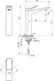 Armatur von Ideal Standard mit einem senkrechten Design. Maße und Anschlussdetails sind im technischen Diagramm dargestellt. Drehbereich des Hebels beträgt 100°.